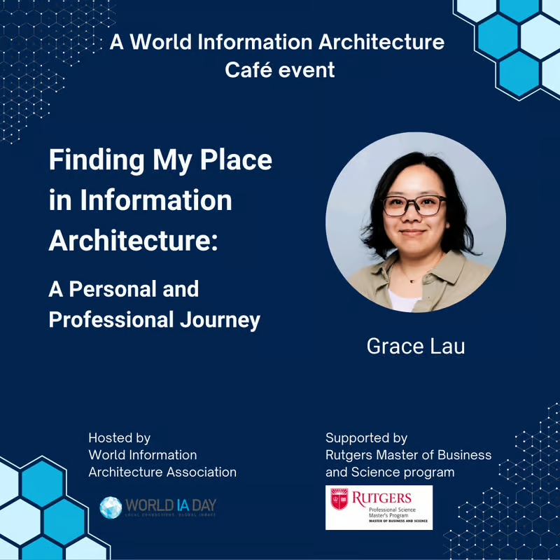 Speaker card showing the talk title "Finding My Place in IA: A Personal and Professional Journey"